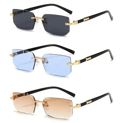 Men's 3-Pack Frameless Rectangular Casual Sunglasses - Plastic PC & Resin Lens Modern Eyewear, Trendy Rectangular Men's Accessories for Summer Travel Beach Parties, Festive & Party Supplies Accessory, Rectangle Modern Sunglasses Set