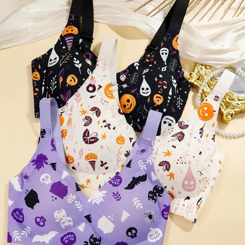 Halloween Print 3-Piece Women's Seamless Push-Up Bra Set Comfortable Underwear for Daily Wear & Special Occasions Perfect Gift Smooth Womenswear