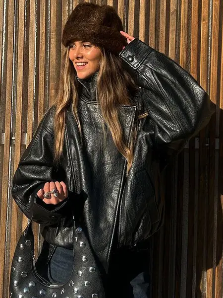 Bomb Jacket Black Faux Leather Jacket Stand Collar Oversized Moto Biker Jacket Elastic Hem Streetwear Casual Long Sleeve Waterproof Windproof Fashion Casual Outerwear for Spring & Fall, Ladies Clothes for Daily Wear