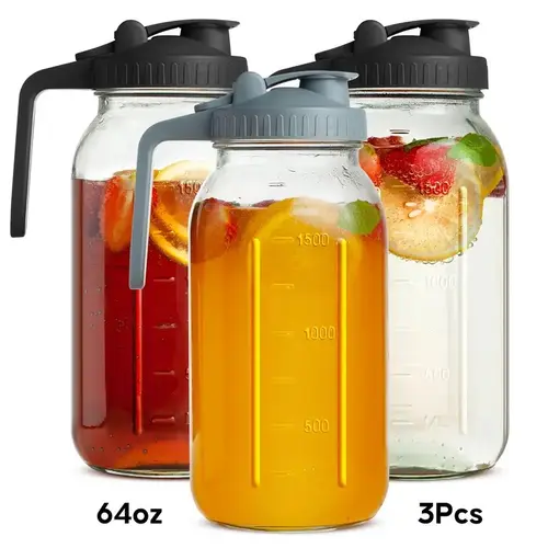 3PCS Aesthetic Glass Water Kettle Set (64OZ) - Mason Jugs, Wide-Mouthed Leak-Proof with Lid & Spout, Kitchen Supplies, Glass Container for Breast Milk Beverages, Tea & Coffee Jar with Scale Tumbler, Straws & Fall-Themed Oak Sip Lid