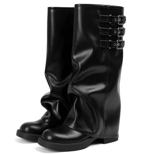 EROCALLI Women's Goth Chic Alternative Punk Grunge Aesthetic Platform Footwear - Pull-On Buckle Tall Knee-High Slouchy Fold-Over Motorcycle Riding Boots for Summer Wins & Outfits,sohochic