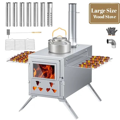DoCred Portable Camping Wood Stove - Outdoor Camping Burner, Portable Kitchen BBQ Grill with 7 Stainless Steel Chimney Pipes, Anti-Spark Feature, Ash Rake, Fits Tent Jack for Grill or Boil Needs, Safety Gloves, Camping Equipment, Multi-Size, Foldable Legs