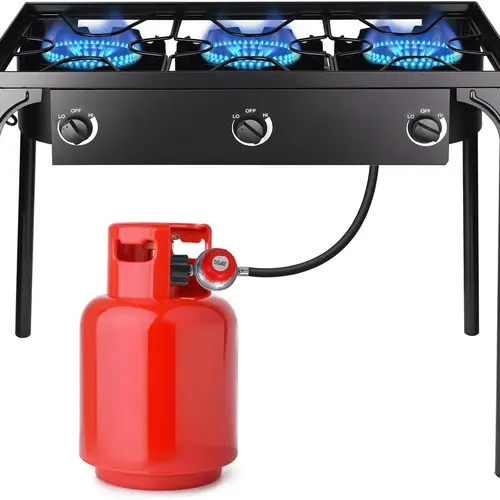 3-Burner Rectangle Cast Iron High-Power High-Pressure Propane Gas Stove with Detachable Legs, 225000-BTU Waterproof Coating Outdoor Cooking Station with Individual Heat Dials for Camping, Parties, Hunting