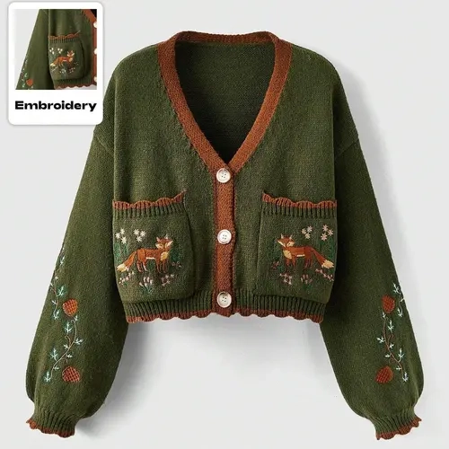 Women’s V-Neck Button-Front Loose Knit Cardigan with Fox Embroidery and Pockets, Casual Cropped Sweater for Fall and Winter, Fashion Knitwear, Outerwear
