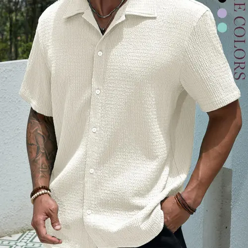 Men's Textured Knit Plain Button Front Long Shirt, Casual Regular Fit Short Sleeve Collared Top, Summer Wear, National Day, Daily Men's Clothing