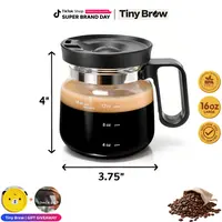 Tiny Brew 16 oz Glass Coffee Mug with Lid and Coasters and Decorative Sticker, Heat-Resistant Coffee Pot-Shaped Cup with Measurement Marks and Ergonomic Handle, Novelty Gift for Coffee Lovers
