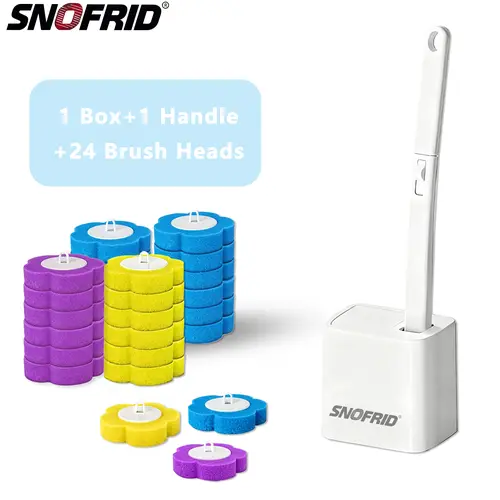 Snofrid Plastic Wall-Mount Disposable Toilet Brush & Holder Set with Auto-Flip Lid, 24 Cleaner Refills, Bathroom Cleaning Kit for Sink Bath Drains, Bathroom Accessories