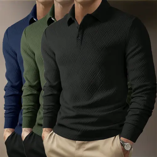 Men's Three-Piece Set Jacquard Heavyweight Long Sleeve Polo Shirt! The perfect choice for daily commutes, business office work, home leisure, and outdoor sports,sohochic