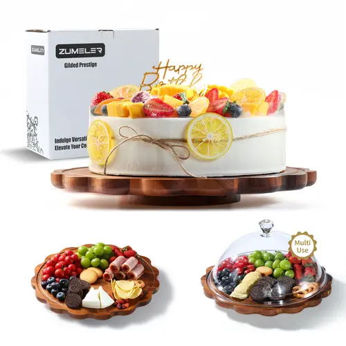 Zumeler Acacia Wood Cake Stand with Lid - 13.8 in Petal-Edge Cake Plate with Acrylic Dome, Baked Goods Board for Cheese, Meat, Dish, Weddings, Baking Gifts, Pastry