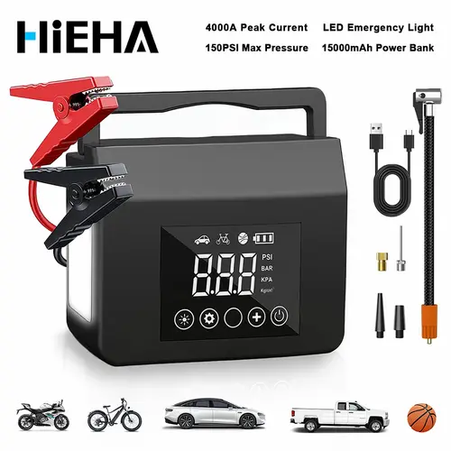 HEIHA 2026 Portable Jumpstarter Automotive, 4000A Car Jump Starter with 150PSI Air Pump, 15000mAh Power Bank for Automotive Vehicles, Tools and Gadgets with LED Light & LCD Display #fathersdaygift,father'sdaygifts,car accessories toolupgrade