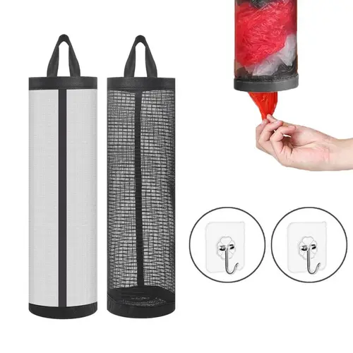 Plastic Bag Storage Mesh Bag Kit - 2 Free Self-Adhesive Hooks, Hanging Foldable Garbage Can Organizer for Kitchen Household Organization