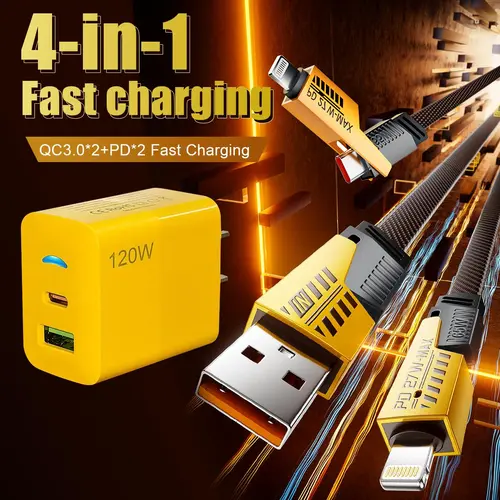 1-Pack Portable Fast Charger, Type C/USB A Dual Ports Adapter,4 in 1 Fast Charging Cable & Data Sync, 5FT Flat Braided Charger Cord for iPhone 17/16/15/14/13/12Pro Max/iPad/Airpods/Samsung