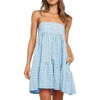 Wenrine Women's Cute Cotton Plaid Sundress - Adjustable Spaghetti Strap, Sleeveless A-Line, Above Knee Mini Dress with Side Pockets, Resort & Festival Wear