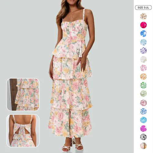 Wenrine Women's Light Smooth Elegant Sleeveless Spaghetti Strap Tiered Ruffle Tie-Back Flowy Long Summer Floral Maxi Dress, Stylish Women's Wear for Dances, Wedding Guest Attire