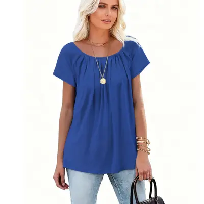 Women's Summer Floral Tunic Tops Short Sleeve Crewneck Casual Loose Pleated Blouse S-XXXL Everyday Boho Style