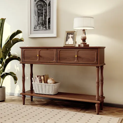 HLR 47" Mid-Century Console Table, 2 Drawers and Open Shelf, Brown Entryway Table with Storage, Narrow Behind Couch Table for Living Room, Foyer, Hallway