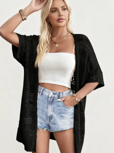 Women's Summer Crochet Cardigan Lightweight Short Sleeve Kimono Boho Open Front Knit Cover Up Casual Acrylic Batwing Sleeve Breathable Ribbed Hem summerwins