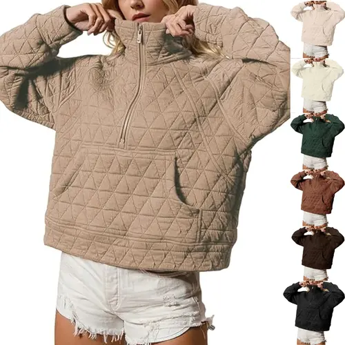 SCUSTY Women's Quilted Puffer Jacket Half-Zip Pullover Sweatshirt Long Sleeve Lightweight Fall Casual Oversize Warm Outerwear