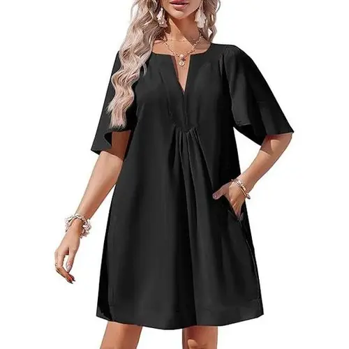 Wenrine Women's Minimalist V-Neck Flutter Short-Sleeve Mini Shift Dress - Lady's Comfortable Casual Clothing, Loose Flowy Summer Dress with Subtle Sheen for Elegant Looks