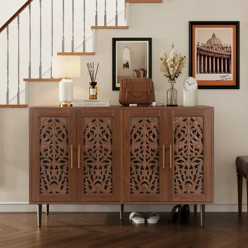 HLR 4-Door Hollowed-Out Sideboard Cabinet - Bohemian Vintage-Inspired Wooden Wide Dresser with Reeded Cabinet Doors, Floral Cuts, Drawers, Legged Base, TV Stand Function, Sturdy 25kg Capacity, Ample Storage, Holds TV & Decor, Ideal for Dining Room