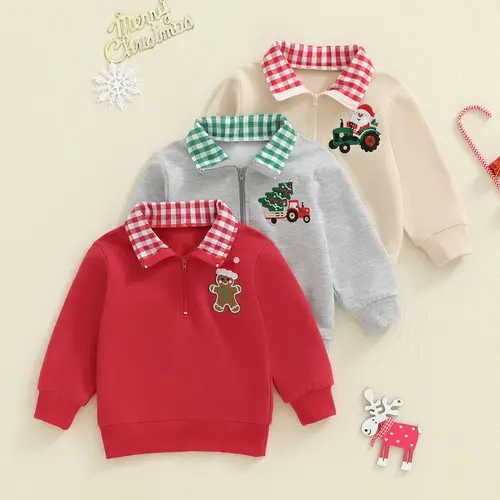 Toddler Baby Kids Boy Christmas Sweatshirt Embroidery Long Sleeve Lapel Zip Front Pullover Loose Tops 6M-4Y