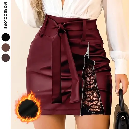 Aswulk Women's Solid Color Lace Patchwork Skirt with Zipper and Thin Fleece Inner Lining, Fashionable Bow Belt Mini Skirt for Daily Outdoor Wear, Ladies Bottoms for Spring & Fall & Winter