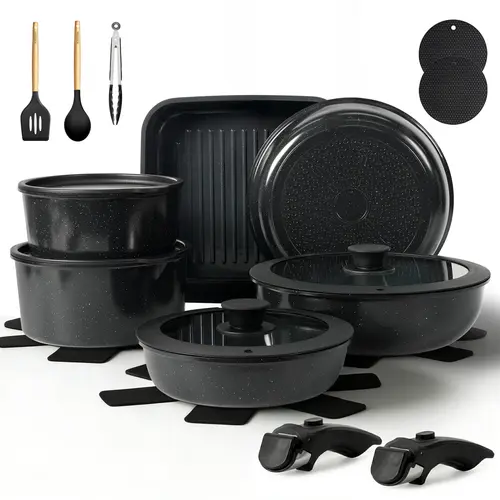 Kikcoin Nonstick RV Cookware Set - Non-Toxic Kitchen Supplies, Pots and Pans Set with Detachable Handle, Utensils, Refrigerator Fresh-Keeping Lid - Ideal for Beginners