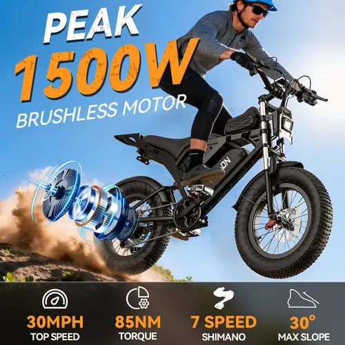 YOULON Unisex Adults All-Terrain Electric Bike - 1500W Peak Brushless Motor, 30MPH Max Speed, 48V 23Ah Long-Range Battery, 20" Fat Tires, 30° Climbing Capability, 7-Speed, Shock Absorption, USB Port, 300-349 Lb Load, BMS Protection, Mountain Biking Ready