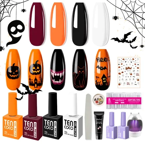 Tencoco 251 PCS Halloween Limited Gel Nail Polish Kit - 4 Classic Colors (Black, White, Red, Fluorescent Orange) with UV Light, Crystal Top Coat, Nail Glue, Glossy Finish - Cosmetic Manicure Set for Women, Salon & DIY Gift, Soak-Off Formula