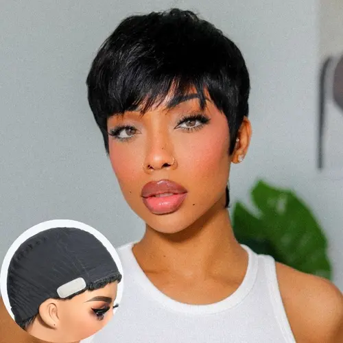 Luvme Throw On & Go Short Cut with Bangs Wig Ultra Comfort Cotton Cap Glueless Wig Hair Loss Friendly, Natural Looking Wig, Beginner Friendly Wigs