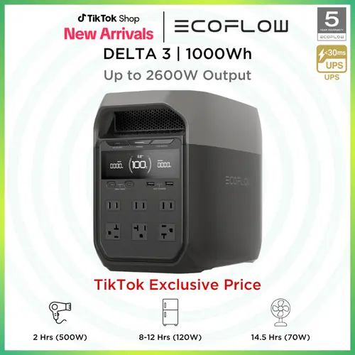DELTA 3 1000 Wh Portable Power Station, Fully Charge in an hour, 1000Wh LFP Battery, 1800W Output, Solar Generator
