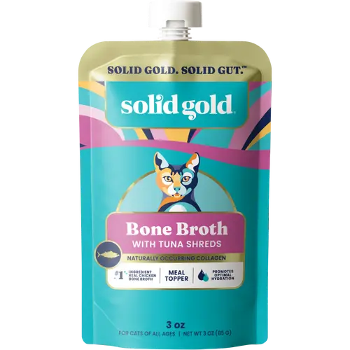 Solid Gold Bone Broth Tuna Meal Topper for Cats - Real Chicken Bone Broth, Premium Shreds, Collagen for Gut Health, Grain-Free Wet Cat Food Topper