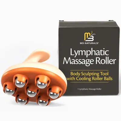 M3 Naturals Lymphatic Drainage Relief Roller - Cooling Stainless Steel & Silicone Rollers, Handle-Equipped Manual Massage Tool for Sore Muscles, Toning, Contouring, Firming, Glutes, Stomach, Daily Rolling Self-Care