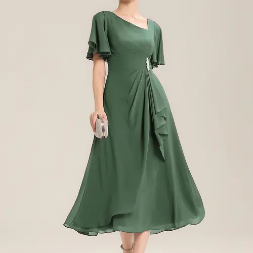 Ever-Pretty  dress holiday dress  Flutter Sleeve Chiffon Midi Dress with Asymmetric Neckline, Waist Rhinestone, Tiered Skirt & Smocked Back for Formal dress,Evening dress 2463