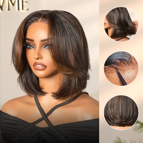 LUVME 100% Human Hair Lace Closure Wigs, Short Layered Bob Wig with 5x5 Pre-Cut Glueless Lace, 180% Density, Blonde or Brown Highlights, Short Bob Cut, Female Wig