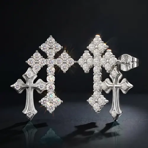 HELLOICE Double Cross Moissanite Earrings Stud Earrings VVS D Color Full Synthetic Moissanite Earrings Jewelry Gift