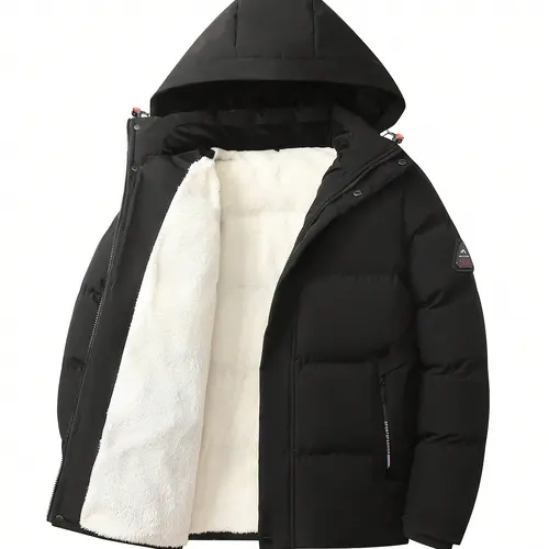 Men's Fashionable Black Puffer Jacket Warm Winter Coat with Hood Casual Long Sleeve Pullover with Pockets Polyester Outerwear for City Walks and Outdoor Activities Beige Menswear