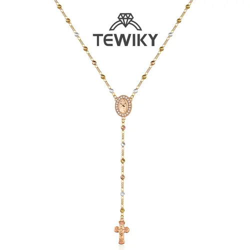 Tewiky Women's 14 Karat Gold-Plated 4mm Copper Bead Jewelry Set, Y-Chain with Virgin Mary Zircon Pendant & Jesus Cross, Easter Gift Accessories (Chains Included), Gold Plated Necklaces,sohochic