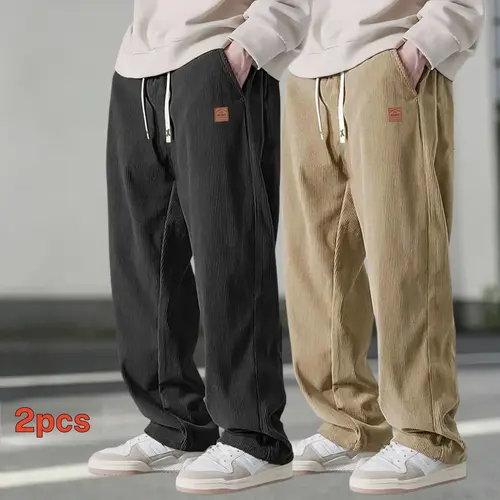 Menswear 2-Pair Plain Baggy Casual Pants - Autumn Corduroy, 100% Polyester, Lightweight, Loose Straight-Leg, Adjustable Drawstring Long Pants