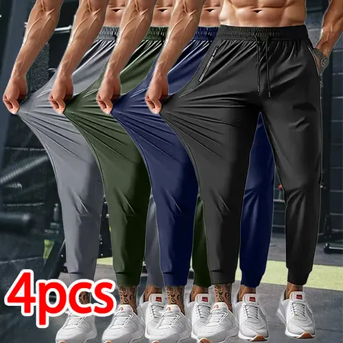 Men’s summer lightweight four-pack ice silk jogger pants, elastic and breathable, available in multiple colors, suitable for gym workouts and outdoor activities.,sohochic