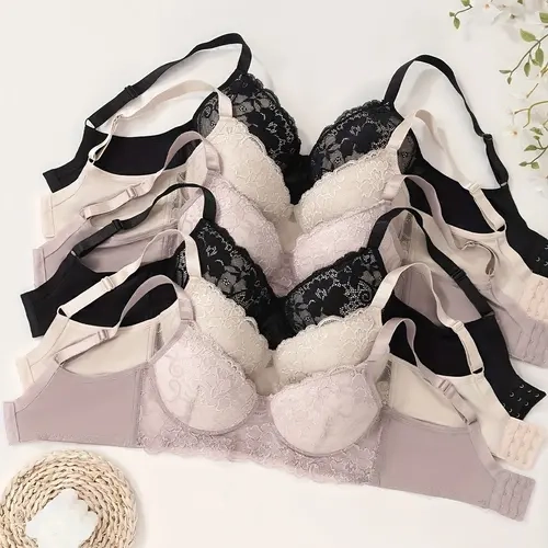 6pcs Women's Underwire Bras with Contrast Lace Trim - Black/Beige/Light Pink Floral & Mesh Design, Non-Removable Padded Cups, Elegant Support for Everyday & Special Occasions, Comfortable Undergarment  | Delicate Lace Braided Detail