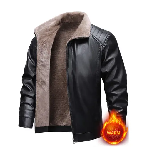 Men's Woven Faux Leather Fashion Jacket - Long Sleeve Winter Outerwear, Warm Fleece Lining, Zipper Front, Fitted Casual Top (m-Infused Style),sohochic