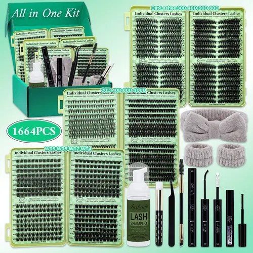 1664pcs/set D Curl Individual Cluster Lash Clusters Kit, 12 Styles Cat-Eye & Volume Lashes Book with Bond and Seal, Lash Remover, Brush, Applicator, Headband, Wristband & Lash Shampoo, Perfect for Beginners & Professionals, DIY Eyelashes Kit Extensions