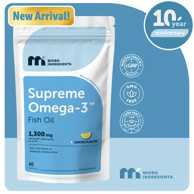 Micro Ingredients Supreme Omega-3 Fish Oil w/Ultra High EPA & DHA, Burpless Softgels | rTG Omega-3 with Vitamin D3 | Wild-Caught Cold Deep-Sea Water | Lemon Flavor, Easy to Swallow