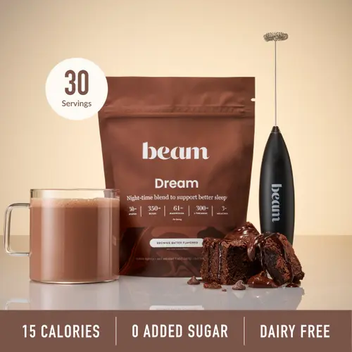 Beam Dream Viral Organic Nighttime Hot Cocoa Beverage - Melatonin Sleep Aid with L-Theanine & Magnesium, 20-30 Servings/Bag, 5 Flavors (Brownie Batter, Peanut, Caramel), Sugar Free, Gluten Free, Low Calories, Selfcare Wellness Supplement | Back to school