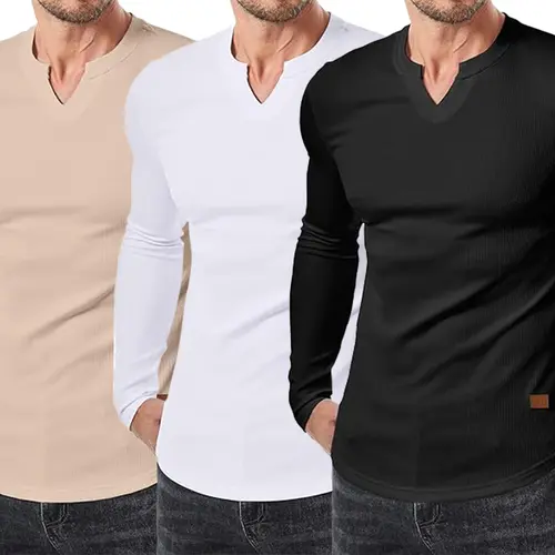 3-Pack Royaura Mens V-Neck Longline Ribbed Plain Longsleeves T-Shirts - Menswear Fashion, Casual Fashion Fitted Muscle Tops, Valentine's Day Gifts for Him, TikTok Shop Deals,back to school,back to school shopping,sohochic