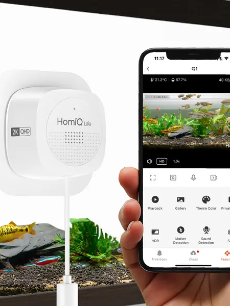 HomiQ Life 3MP 2K Aquarium & Terrarium Surveillance Security Camera, Magnetic Install, Close Focus Lens, 2.4GHz & 5GHz WiFi, Color Night Vision, Auto Focus, 24/7 Recording, Bluetooth Pairing for Simple Setup (For Reptiles & Window Bird Feeders), Bluetooth