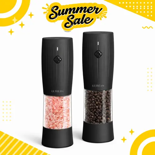 Ultrean Rechargeable Electric Salt and Pepper Grinder Set of 2 - USB-C Fast Charge, 6 Adjustable Coarseness, LED Light, ABS Kitchen Utensils, Seasoning Container, Modern Azure Housewarming Gift Idea, Onehand Button