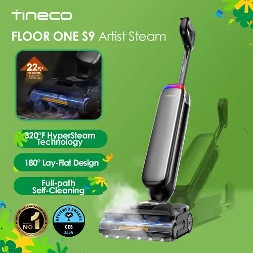 Tineco Floor One S9 Artist Steam Cordless Wet Dry Vacuum Cleaner, 320°F HyperSteam, 22kPa Suction, 360° SmoothDrive, DualBlock Anti‑Tangle,185℉ Flashdry,180° Lay‑Flat 5‑Inch Slim,75‑Min Runtime