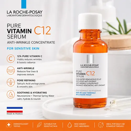 La Roche Posay Brightening Vitamin C Face Serum with Hyaluronic Acid, Salicylic Acid - 12% Radiance Boost, Wrinkle Reduction, Oil Control, Exfoliate, Hydrate, Restore, Skin Repair - For Normal to Oily Skin - 30ml/1oz for Daily Radiance, Sensitive, Serums